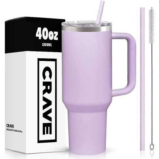 Crave Cups 40oz Tumbler With Handle And Straw l Insulated Stainless Steel Double Wall Spill Proof Water Bottle Travel Mug l Cupholder Friendly Vacuum Sealed Tumblers With Lid